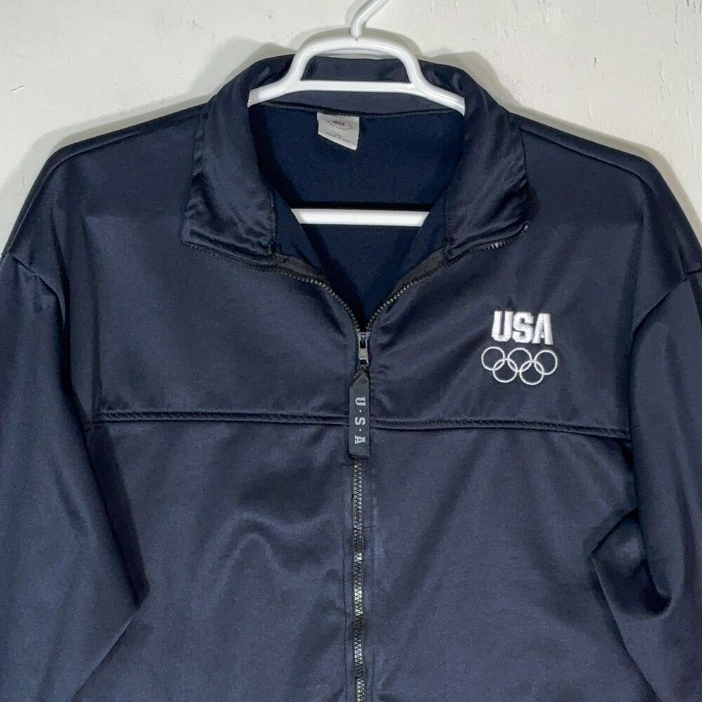VTG 90s USA Olympic Comm Embroidered Track Jacket Mens XXL Dark Navy Blue Shiny